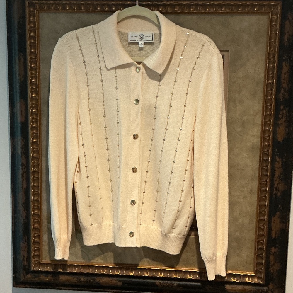 St. John Cream Cardigan w/ Gold Beaded Front & Gold Buttons